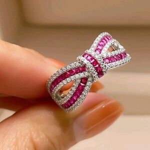 14K White Gold Plated Princess Bow Simulated Pink Gems Women's Engagement Ring